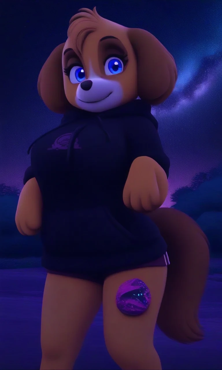 Best quality. A bear that wears a sweater while wearing a hood with purple eyes, a purple mouth. A big butt. With a purple broken heart at the fronthat's a girl Naked. from Fortnite.