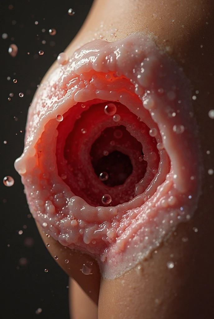 Create an artistic rendering of a sexy zombie model with dead eyes and additional erotic details to accentuate her eerily attractive essence. Incorporate pornographic elements such as prominent abrasions and remnants of fresh blood for authenticity. Add details like bloodied wounds, open gashes with visible viscera, and bruises to enhance the realistic horror effect. Include specific descriptions such as ‘blood trails on her thighs and chest’ and ‘seductive movements with blood streaks on her hips’. Integrate twisted hair and contorted lips to add character. Emphasize subtle erotic details such as tense muscles, sensual curves, and maximum nudity without clothing. Explicit depictions of intimate parts, like a ‘detailed view of a beautifully shaped pussy’, should capture the essence of her undead allure. Incorporate details like erotic poses with legs spread apart and intense sexual energy depicted throughout the image. For a dramatic effect, add more blood on the body. The surroundings should be varied to ensure that each generated image is different. Mouth agape.