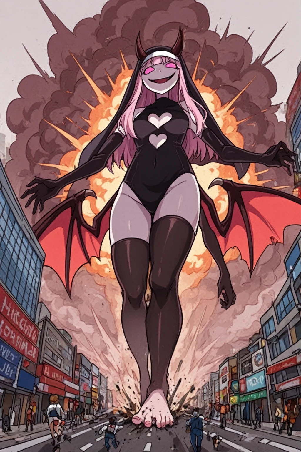giantess inflatable demon girl SxDol, wide hips, (no pupils), !?, doll_joints, joints, o_o, stripper pole, pole, pole dancing