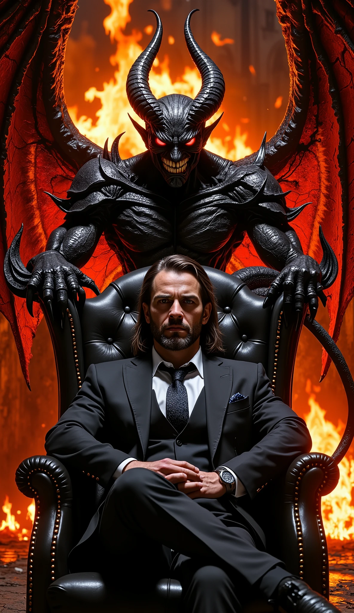 Hyper-realistic, high-detail dark fantasy close-up. A lone man in a tailored black suit sits confidently in an old leather throne engulfed by slow-burning orange flames. His hands are clasped beneath his chin, eyes calm and resolute. Behind him stands Lucifer in full demonic form: obsidian skin cracked with magma veins, long swept-back horns, smoldering red eyes, and massive folded wings. Lucifer leans forward, resting a clawed hand on the man’s shoulder with a possessive, approving smile. The firelight outlines both figures, casting deep shadows on cracked baroque walls of a ruined hall. Ash flakes drift in the air; the flames illuminate their profiles but never harm them. Cinematic lighting, 16:9, atmosphere of silent pact and indomitable self-mastery.
