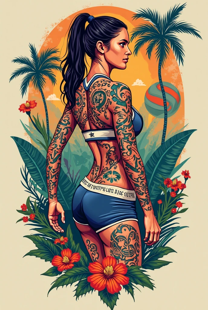 attractive female, (tattoos:1.3) , (full body tatoo:1.5) , (facing back), muscular back, (athletic body), (sitting), (naked), bare back, ((looking at viewer)), (((wide hips))), (((buttocks))), (thin waist), (oiled skin), (colored tatoo),