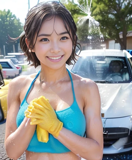 An 18-year-old girl with a cute face like an idol..。Gentle and cute。Please smile kindly。She is wearing a white sheer bikini. She is washing the car (My hair, face and whole body are soaked with water from the hose.) RAW Photos Genuine realism High resolution live-action