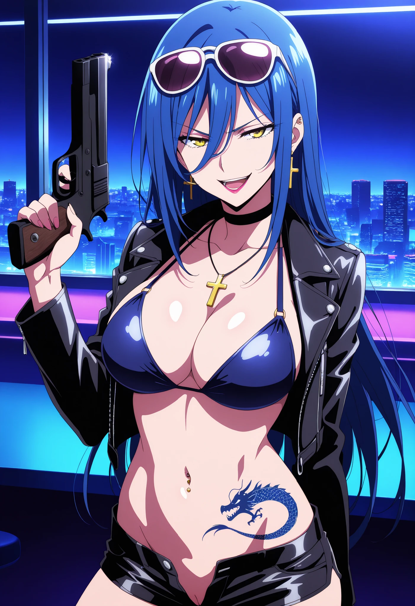 highschoolddKalawarnar, best quality, masterpiece, uncensored, 1girl,solo
long hair,hair between eyes,yellow eyes,,glaring,blue hair, shiny skin, ear piercing, long hair, , lipstick, Hot girl, baddie, smoking, sensual, attractive , cross necklace, choker, jewelry, earrings, bar background, inside bar, indoors, cityscape, casino, nightclub, city lights,, masterpiece, best quality, highly detailed, a girls with a gun, evil smile , open mouth, sexy gaze, badass pose , evil smile, smile, (nsfw) not safe for work, guns blazing, anime girl with long hair, beautiful long haired girl, navel, evil expression, exposed belly, exposed navel, exposed midriff, exposed lower belly, , cleavage, unbuttoned shorts ,open fly, shorts, short shorts,, leather jacket, holding a gun, holding pistol , , pull_down shorts, black short shorts,(show off panties,:1.2, no panties), zip up leather jacket,bikini top, ,, shoulder holster,, navel ,, sunglasses on head, navel piercing, medium  breast ,looking at viewer , dragon tattoo on waist, narrowed eyes, tattoo on waist, anipai_style , anime screencap , anime coloring, v-shape eyebrows,