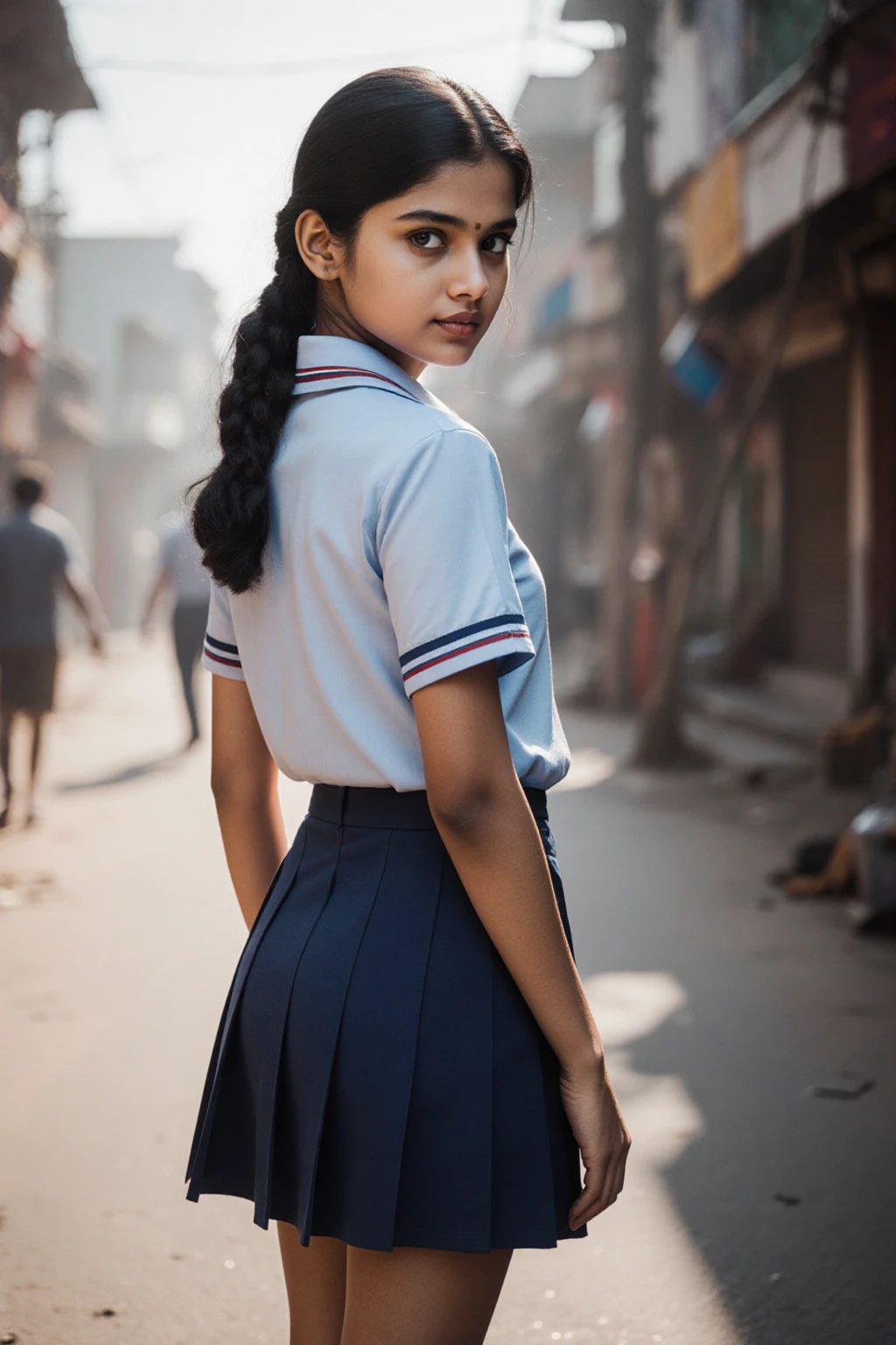 Beautiful ((White Indian))  girl, 15 yo, (white skin), in indian school uniform, realistic photo, large breasts , standing and looking back, carring a school bag on her back, indian street,  detailed hands and face and eyes, looking away, full body, full body shot, 16k UHD

