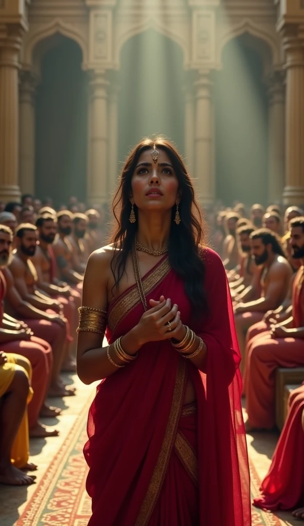 "Depict a grand royal court with intricate ancient Indian architecture. The atmosphere is dark and tense. In the center, show a spotlight on Draupadi, wearing elegant traditional royal attire, standing with her head held high, looking anxious. Around her, show warriors like Duryodhana, Dusshasana, Bhishma, and Dronacharya seated or standing, all with serious expressions. The tone should be dramatic, highlighting an air of tension and conflict."