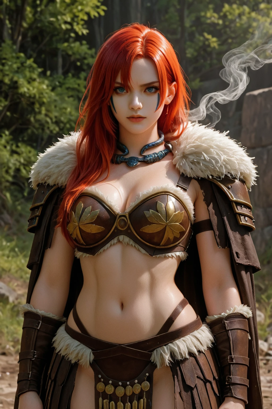 gwen tennyson,tracer,bulma,rebecca chambers,1girl,close up,face paint,viking armor,gold neck jewelry,body paint,short hair,long dress,wolf fur,ceremonial cape,viking belt,viking leggings,snow forest,gold,amulets,tribal piercings and tattoos,nordic culture,green eyes,orange hair,shy smile,freckles,redhead,beautiful girl,large breasts,thigh high boots,ultra detailed,realistic,fantasy art,holding an axe,garter belt,braided hair,