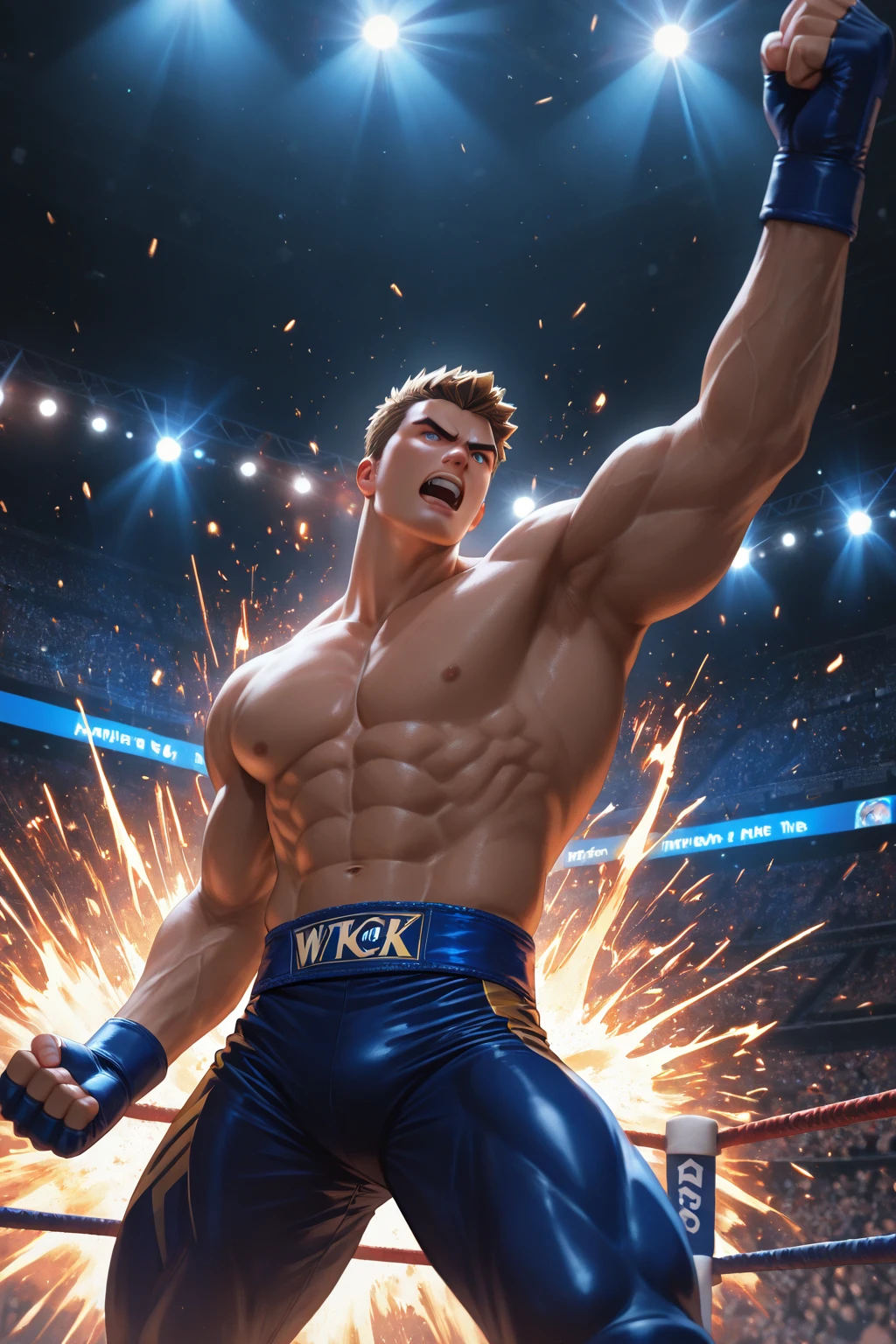 masterpiece, anime style, wide angle, dressed, short hair cheerful age cool uncle in his 50s, cheering,, muscular, powerful, hands raised, fantastic light, drawn composition --auto --s2