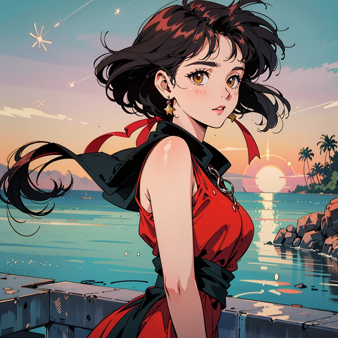 masterpiece,extremely detailed CG unity 8k wallpaper, best quality,32k,focus sharp, boa hancock, close up shot, upper body, from side, looking at viewer, leaning on table, ocean in background, railing, elegant red dress, light smile, small cleavage, 90s vibes,  <lora:90s_Vibe:0.6>,  <lora:boa_hancock_v1:0.7>,