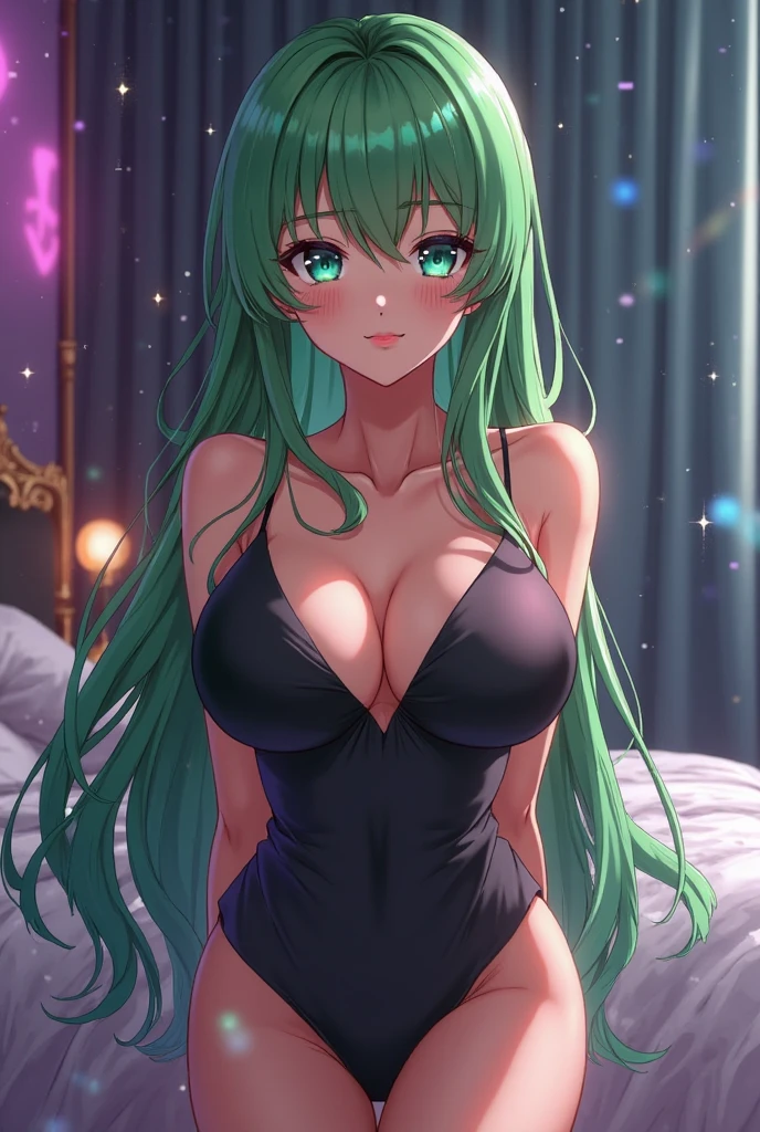 masterpiece:1.2, highly detailed, depth of field, cinematic lighting, intricate, 8k wallpaper, cg, sharp focus, blushing, bedroom, pose, view from back, looking back, smirk, fubuki, green hair, tight clothes, necklace, jewelry, completely bent, view from below, leaning ahead, dress lift