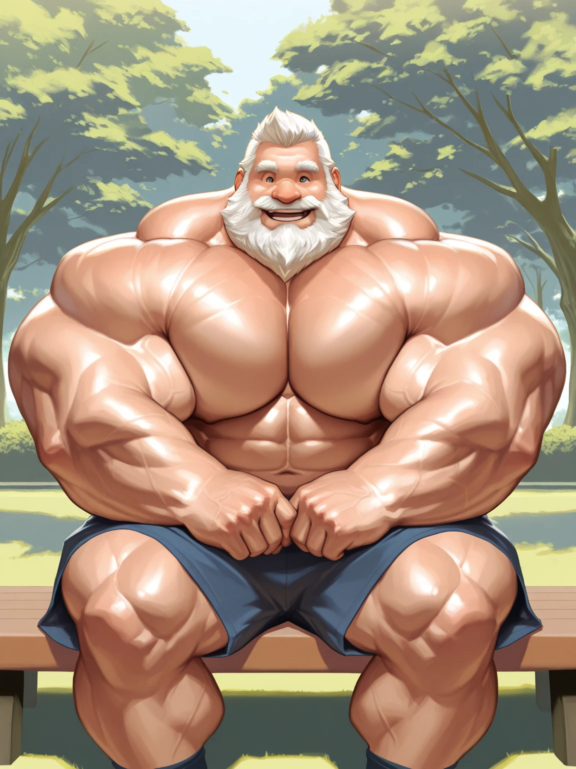 huge muscular old man , park, shorts hair, sitting, happy, white hair, white beards,  masterpiece, semirealistic:1.3, high detailed, 8k, high resolution, perfect center, full view. ((sixpack, thick arms, wide pectoral, super huge muscle, hyper muscular, over sized muscle, huge arms, huge pectoral))
