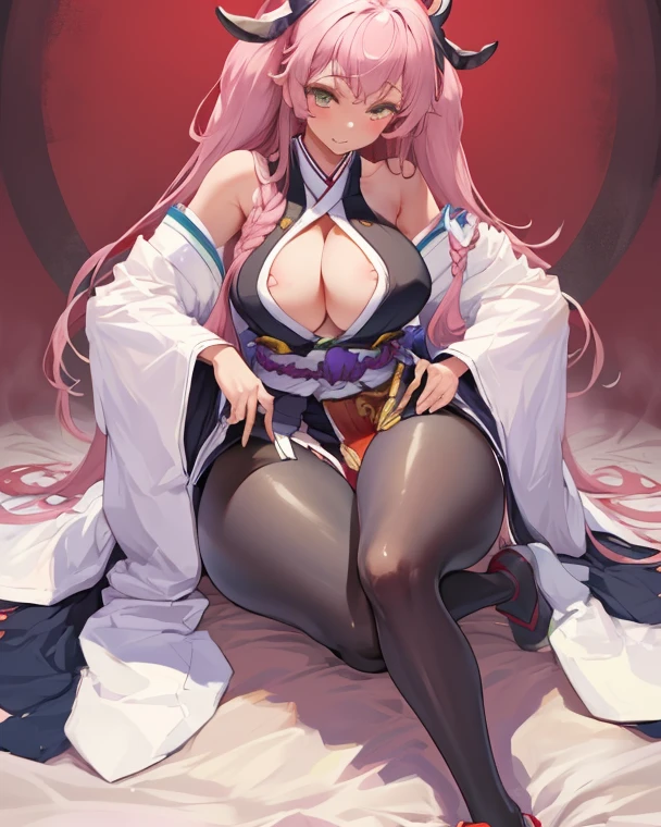 Genshin impact, kokomi, leg spreading, visible boobs and vagina, cum in vagina, wearing pink skirt, on a bed