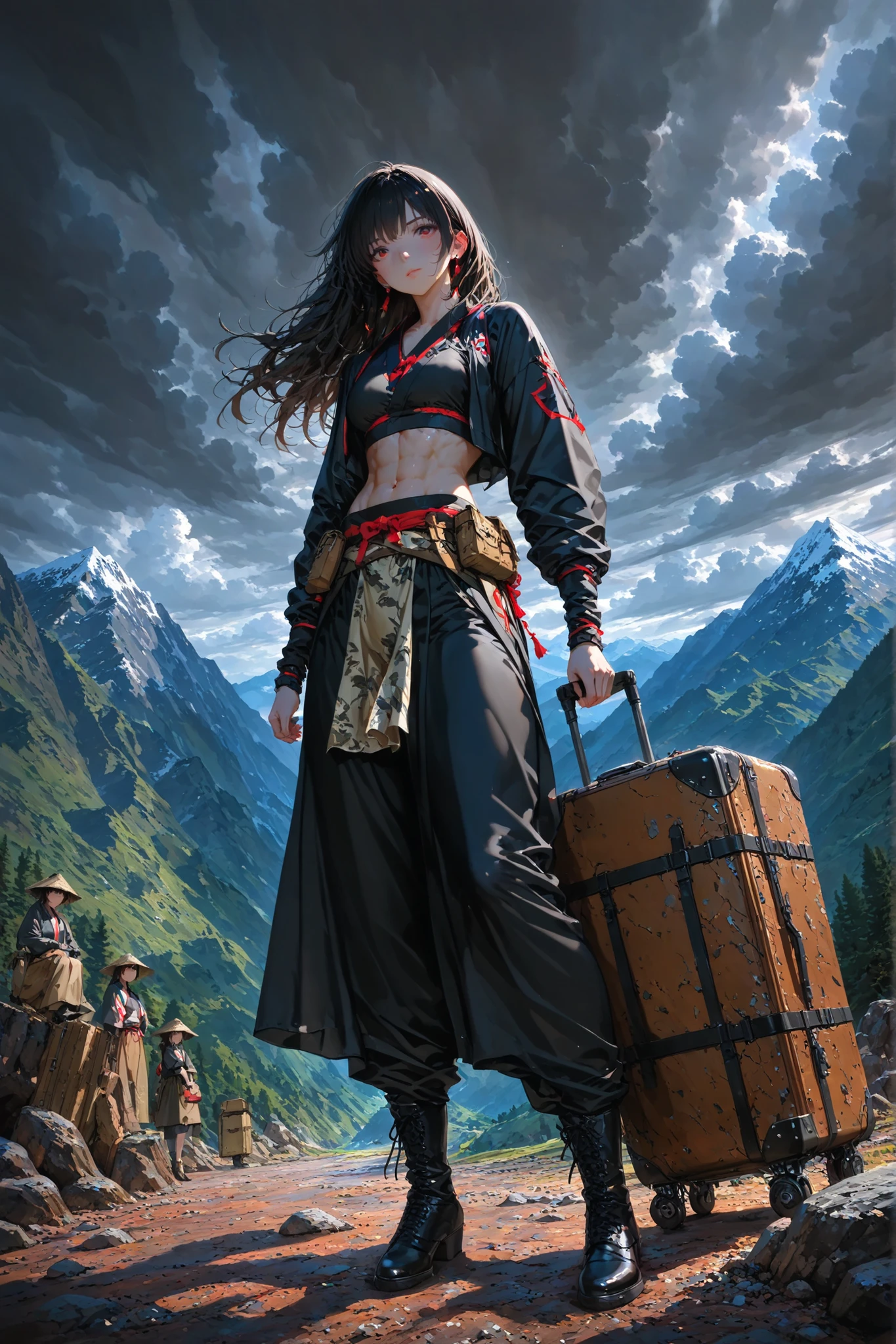High Quality, artistic masterpiece, RAW pictures, Mountain Workers, Women's Footwear, Heavy Luggage, Strong Back , toned body, Traditional Outfits, Wind Fluttering Cloth, Rugged mountain path, stump, Rock surface, Distant Mountains, Dark Clouds, low angle, sense of urgency, Show Girl in front