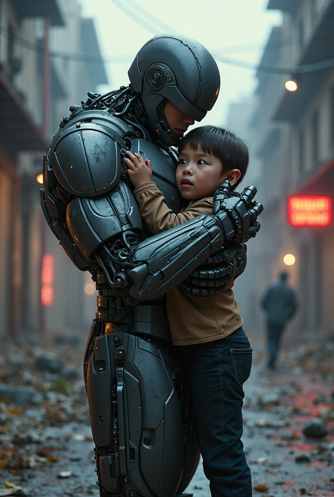 Change to a wasteland style background，Men change into sci-fi costumes ，The little boy kept his original appearance --auto