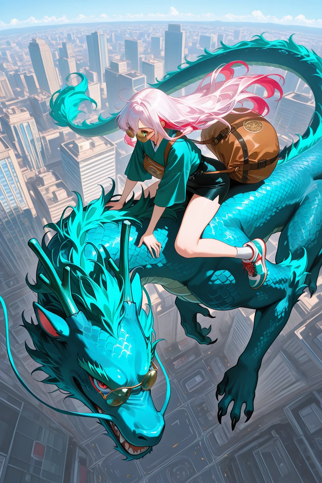(melhor qualidade), (Masterpiece), uma menina muito requintada e bonita, muito detalhado, Awesome, ExquisiteDetail, arte oficial, super detalhado, high-level, menina detalhes bonitos, com um rosto radiante, a girl  standing in front of a dragon, Longas, dragon, (Cabelo loiro flutuante), jade water book, water, Ondas, Filled with water energy, all mechanical, pink mechanical, mistura4,((on dragon motorcycle)),neon lights
