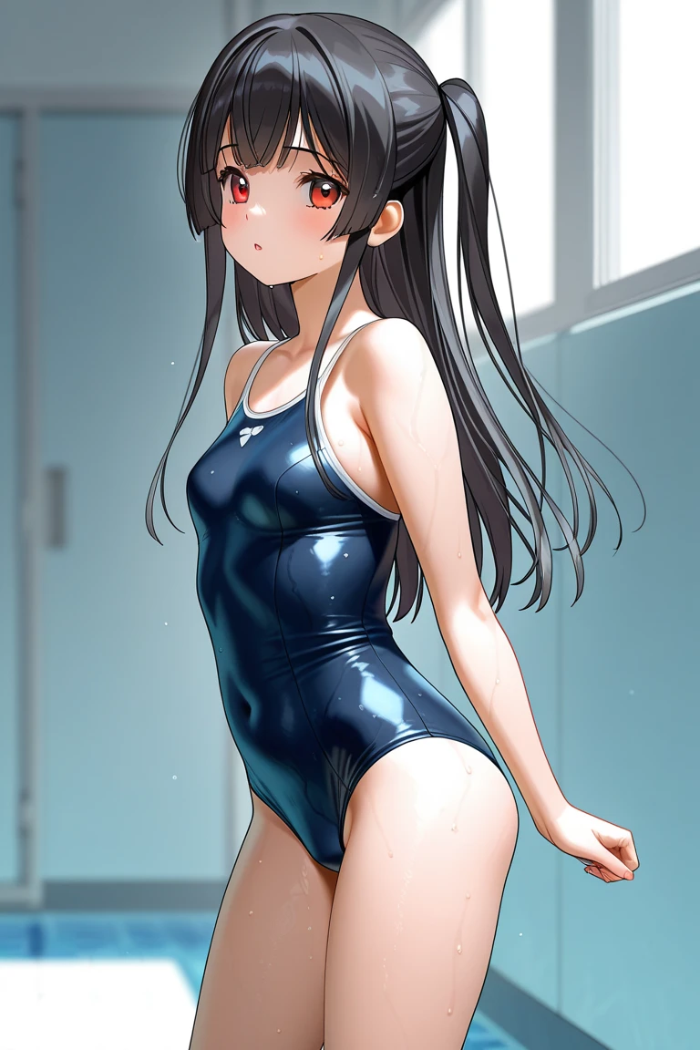 ((top-quality))、((masterpiece))、girl with、Formal-up、beautiful detailed eyes and face、pretty skin、Realistic、a very cute、22year old、School swim wear(Dark blue color、Simple design、Matte texture、Wrinkle、Wet、Polyester material、shadings、)Wet body、Anime Face、Beautie、Facing the front、big eye(Beautiful fece、Anime Face、Clear eyes、Fine details、beautidful eyes)Well-formed face(Beautiful nasal muscles、Perplexed、sharp mouth)full of sweat、sodden、Wet feeling、Background with(sunny sky、takeout)、8K picture quality、perfectly proportions、A slender、red blush、female focus on, hair adornments,length hair, Look at viewers,pissing、お漏らし、pee、getting wet