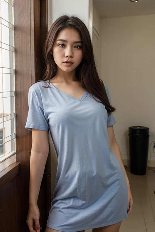 beautiful, Masterpiece, best quality, Very detailed face,  perfect light, Young Haraf woman looks at the camera, perfect has a round face, A well-maintained model., Close-up photo, Southeast Asian women with round faces,  wearing a blue t-shirt He wore a dark blue t-shirt and old, ripped jeans., Inside a noodle shop. 3-D profile picture., 8K, 45,000,000 pixcls, realistic light colors, beautiful สมจริงที่beautifulมาก, น่าดึงดูดและbeautifulงาม, sexy girl, Asian girl, นางแบบสาวbeautiful, jaw-dropping beauty, Bright face,