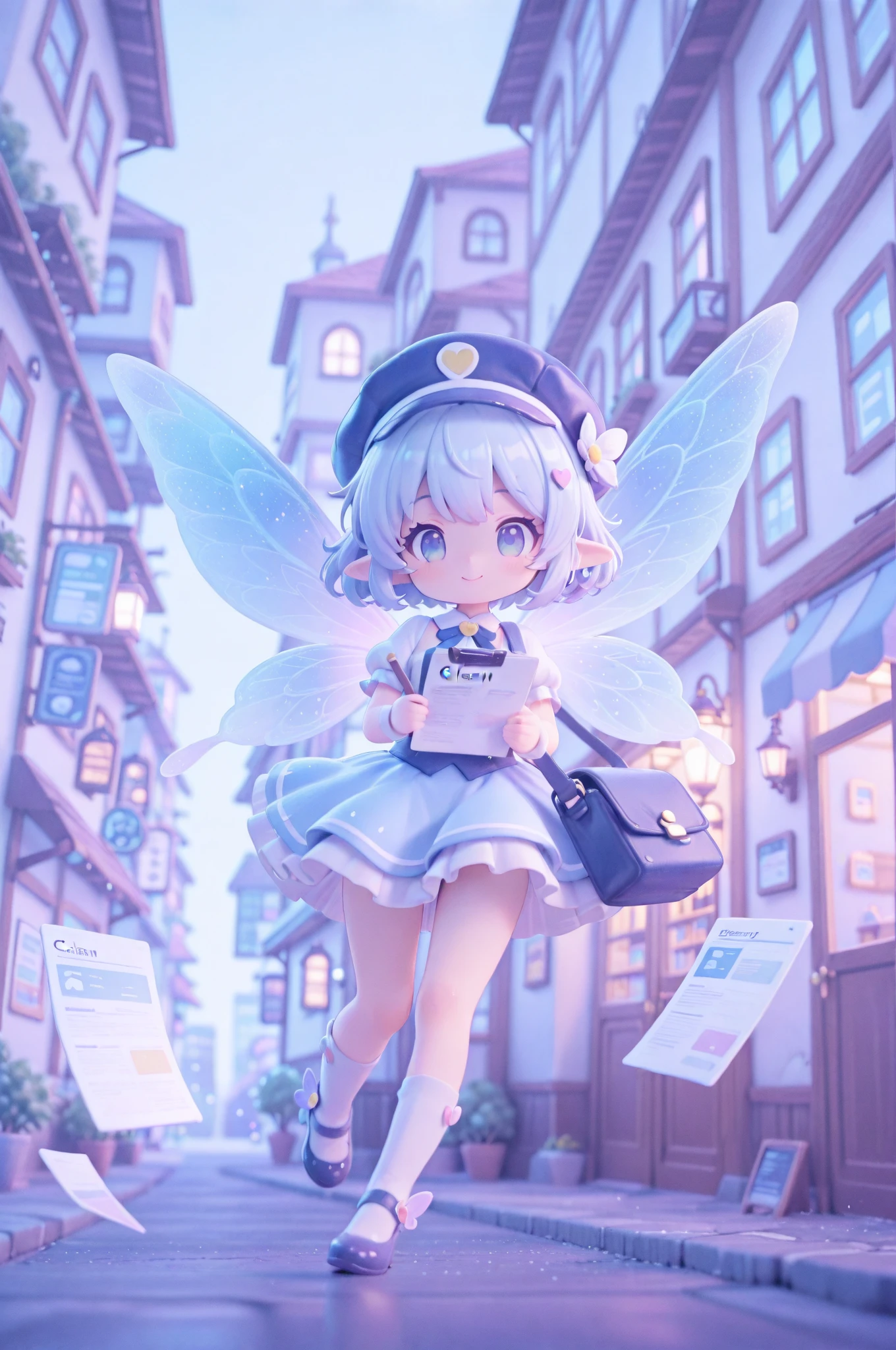 score_9, score_8_up, score_7_up, masterpiece, best quality, perfect facial features, highest resolution, 8k, amazing quality, detailed eyes, clear eyes, dynamic composition, dynamic pose, face clearly visible, whole body, low angle, turn your back, stick out your back, show the roots of the wings on your back, fly in the sky with your back turned, turn only your face, face close, 1 girl, solo, 1 chibi girl, repochi, light blue hair, short hair, fairy wings, fairy, fairy girl, (fairy girl), repochi's clothes, fairy clothes, fairy dress, smile, have fun, Postman, postman uniform, postman hat, postman bag, postman shoes, postman gloves, postman bag overflowing with digital articles, digital article, holding an article, delivering an article, flying, delivering an article through the sky, city, residential area, modern cityscape, bright atmosphere, dynamic pose, low-angle shot, flying pose, ((((clear contrast between light and dark))))