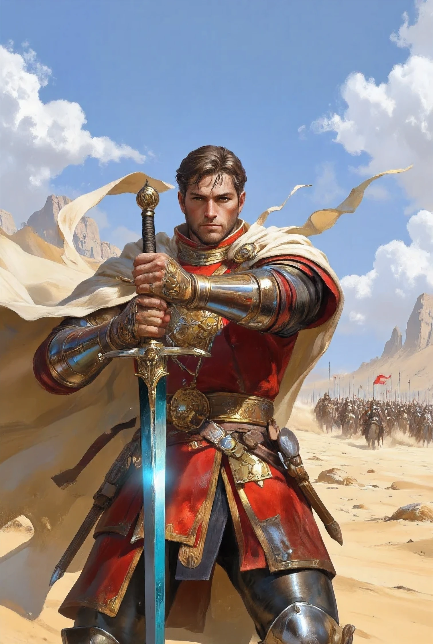 Best quality, amazing artist, newest, masterpiece, 8k, 4k, ultra-detailed, cinematic, HDR, RAW look, macro detail, premium quality, ultra-high resolution, volumetric lighting, ray-traced. A male Caucasian military commander, approximately 40 years old, with dark brown hair and piercing blue eyes, displays a serious and determined expression. His upright and imposing posture reveals unwavering confidence. He wears impressive scarlet red medieval commander's armor, richly detailed with intricate golden friezes, shimmering under the intense sun. A flowing beige cape, stirred by a moderate wind, billows behind him. In his powerful hands, he holds a two-handed claymore, its cyan blue blade, resembling a crystal, reflecting sunlight with dazzling brilliance. The hilt, pommel, and guard are adorned with intricate gold details. The setting is a vast desert, with fine yellow sand under a nearly cloudless light blue sky, punctuated by scattered rock formations. Behind the commander, a large army stretches out, their banners waving in the wind, creating an epic and majestic atmosphere. The intense sunlight casts long, defined shadows, highlighting the rough texture of the armor and the fine desert sand. The scene is composed at a slightly low angle, focusing on the commander and his power. The style is photorealistic with dramatic lighting, evoking an epic and heroic mood, reminiscent of classic battle paintings. Art style: Medieval fantasy RPG artbook style. Composition: A dramatic low-angle shot emphasizing the commander's power and the vastness of the desert landscape. Detailed textures: metallic armor, rough sand, flowing cape fabric. The atmosphere is one of epic tension, anticipation, and unwavering power. Color palette: warm colors, highlighting red, gold, and cyan blue.