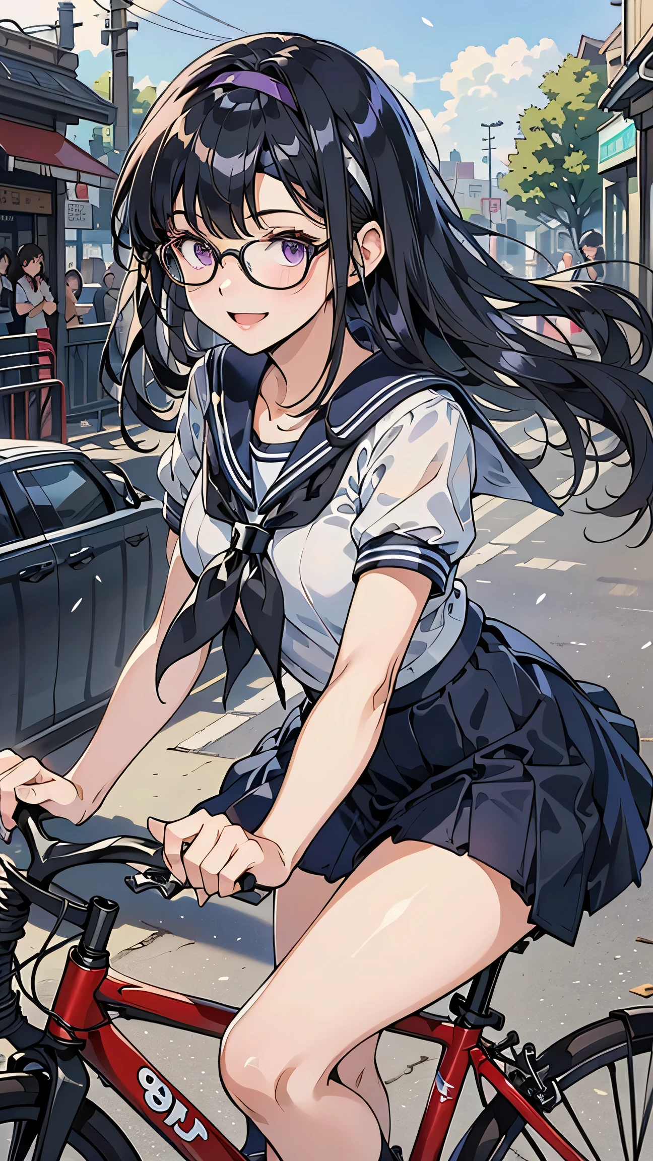 (1 person female), 8-headed body, (very detailedCG Unity 8k), (top quality), (very detailed), (super high resolution), (glossy black hair;1.4), (headband:1.2), (short sleeve sailor suit:1.4), Dark Blue Skirt, animated 2D rendering, realistic young anime high school student making a turn, smile, (((purple eyes))), small breasts, tall, Slanted Eyes, bright color, open your mouth slightly, Running bicycle, A woman is riding a bicycle, Dynamic, A cute fuzzy light blue mouse wearing tired glasses , There are bundled newspapers in a bicycle basket,