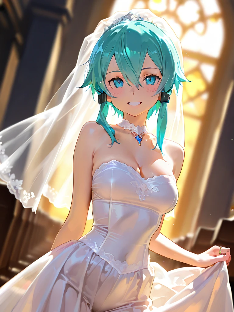 NSFW,masterpiece,Highest quality,High resolution,Super detailed,Sinon\(Sword Art Online\),(Quality Wedding Dresses),Wedding Veil,tiara,gem, hair ornaments, Hair Clip,wedding ring,Embarrassed,Watery eye,smile,blush,Church at night,Luxurious Room,wedding