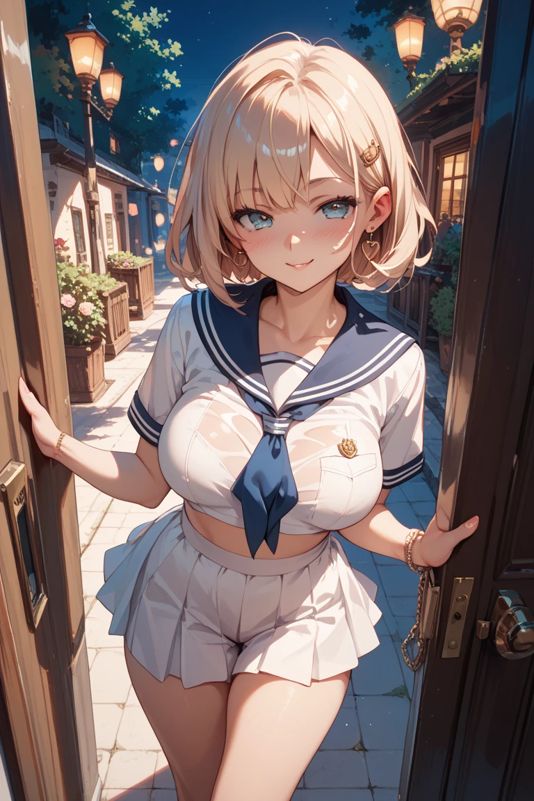 absurdres, (masterpiece, best quality), (ultra-detailed), extremely detailed, super high resolution, (Top Quality photorealistic Illustration), (Super Definition), (best quality,masterpiece:1.0),(cute illustration:1.3), (high Saturation:1.2), highres, ultra-detailed, 32k,8k resolution, intricate details, cinematic scene, detailed background, detailed background,(masutepiece:1.2), (Best Quality:1.2), hyper detailed illustration, beautiful artwork，(Extreme detail CG Unity)， (8K Wallpaper)、(exquisite lighting and shadow)、(highly dramatic picture)、(cinematic lens effects),strong light coming in， BREAK (dynamic angle:1.6), (close to viewer:1.6),from below, depth background, in the Poolside, pool, splashing, blue sky, windy, rim light, sunlight, beautiful lighting, strong light, widely, (girly standing:1.3), ((looking at viewer)), BREAK 1 girl, (us1),blonde hair, purple eyes,short hair,short bob cut, (straight hair:1.3), cute girl, (round face:1.6), (baby face:1.6), (kawaii:1.6), (cute:1.6), (loli face:1.6), (round eyes), (ultra-detailed brilliant big eyes), (large pupil), ((shiny skin)), ((pale skin)), (shy), (blush), smile, BREAK (show off nipples:1.8), (exposing bare breasts:1.8), (exposed chest:1.8), (no bra:1.3),medium breasts, (small nipples:1.2), (small areolas:1.2),,(very extremely small panties:1.8),(pussy line:1.8), Big smile