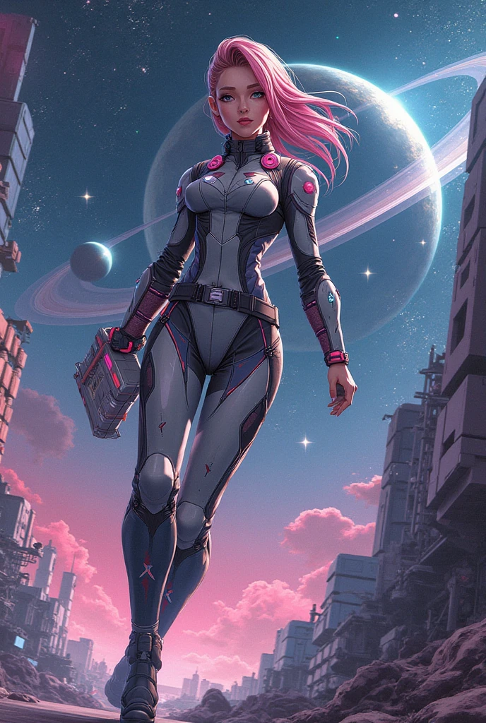 digital painting, warlike fantasy, punk girl, (full body:1.2), 1girl, woman, confident, solo, [:epic costume design,:0.2], cyber sniper, bombshell hair, sunset and pink hair with multicolor highlights, very long hair, thick thighs, narrow waist, japanesemorning, blue sky, clouds, architecture, "at the Dreamlike Supernatural Mech"<lora:EnvyQuaintFuturismXL01:1.2>