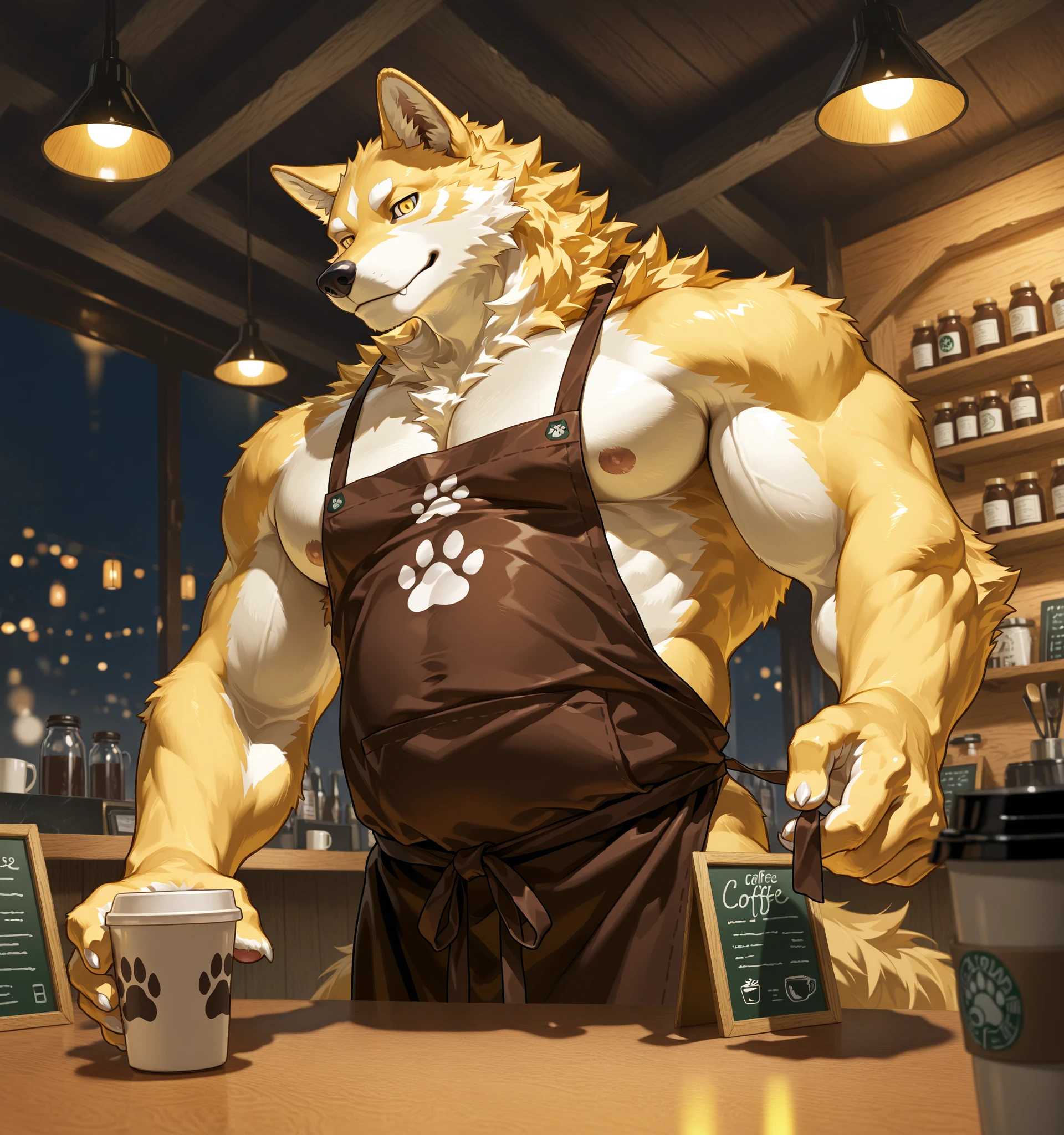 (Best quality: 1.0), (Super High Resolution: 1.0), (masterpiece, best quality:1.2), detailed, detailed hands, detailed eyes, score_9, score_8_up, score_7_up, furry, anthro, ((arcanine)), ((solo)), (manly), horns, gentle face, handsome face, huge, fluffly fur, nipples, looking pleasured, sexually, sexy pose, SFW, coffee shop, (apron), nude, bulge, flaccid, in heat, panting, sweat, sweaty, musk, (skinny, shy),  (thick thighs:1.2), (glowing body), (glowing eyes), (snout:1.1), vibrant, (slightly chubby:0.7), (muscular:1.3), hands touching, (looking at viewer), shy, blushes:0.3, close up view, (by bebebebebe, by syuro)