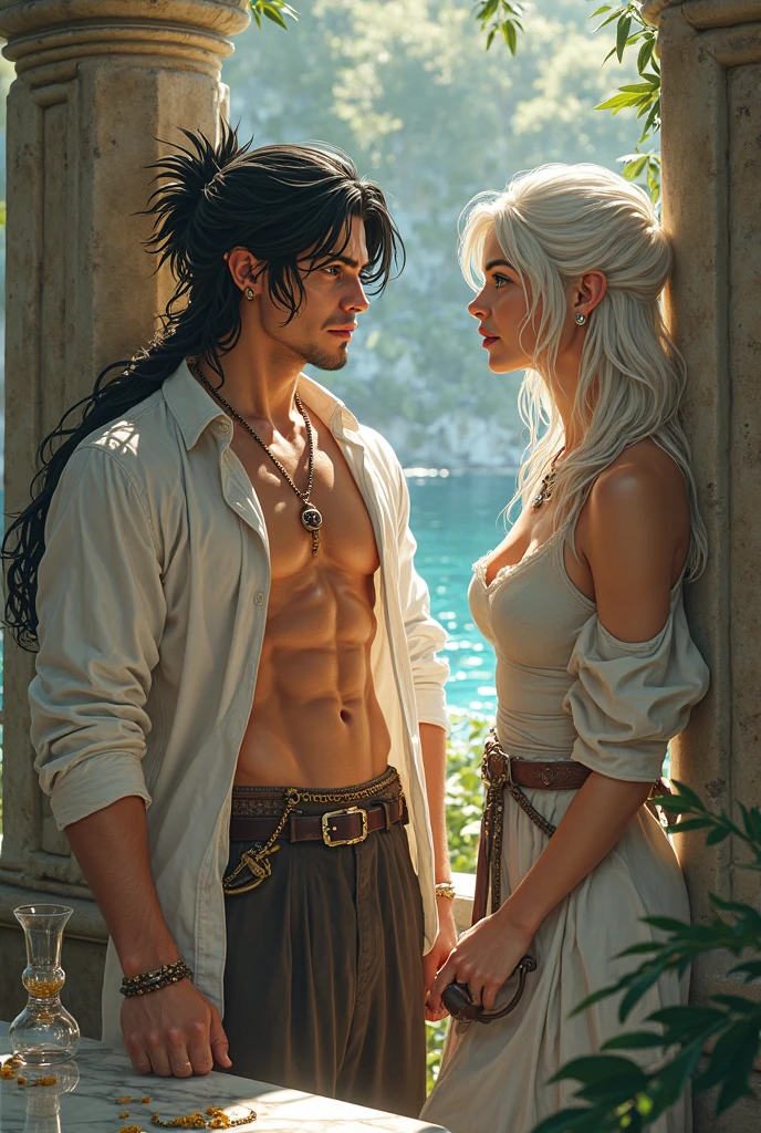Tall, handsome, statuesque, courageous, adult man is platinum blonde, he is stripped to the waist, he is ???????, he has a beautiful embossed athletic body, tanned skin, he has long straight platinum hair, blue eyes, long bangs, he hugs an incredibly beautiful young blonde femme fatale, she is wearing a thin silk shirt accentuating her perfect figure, long golden hair slightly disheveled, blue eyes. They are in love with each other. Realistic image.