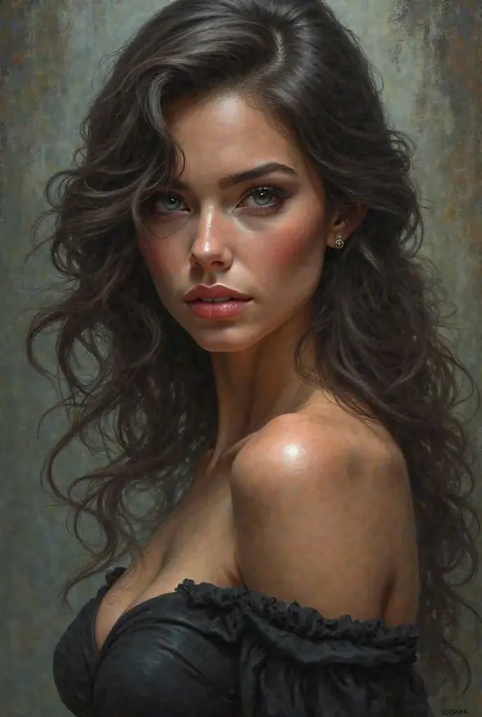  a brown-haired woman, dark eyes, wearing a black dress, photorealistic.