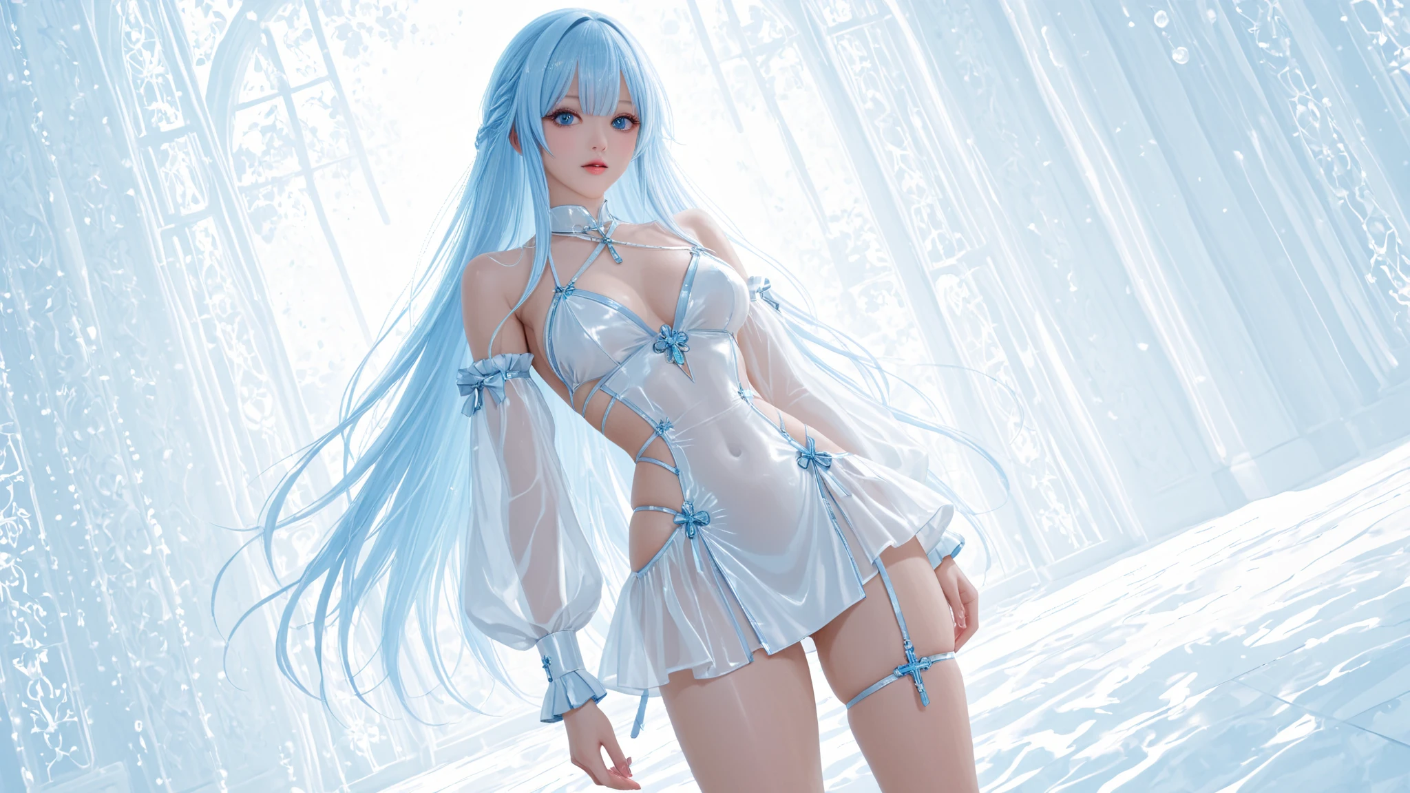 cute redhead with rainbow colored hair tips, 18-year-old woman, happy, smiling, in twin tails, perfect blue eyes, pale goth skin, silky smooth skin, standing on a space ship, deep space, dark lighting, wearing a pastel blue (sheer) nightgown, frilly chemise nightgown, cute white panties and bra underneath her nightgown, panties showing, wearing full body pantyhose.
