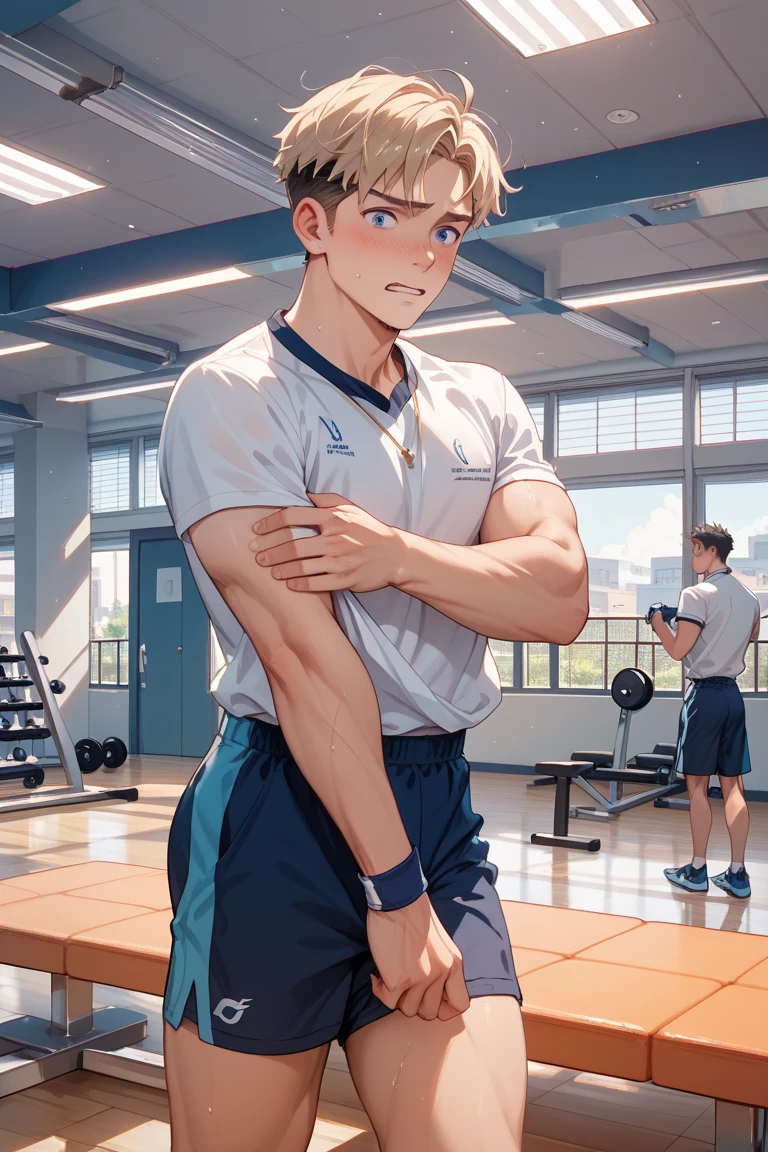 Cartoon man sitting on the floor,With a basketball in his hand, Cool anime poses, Smooth anime CG art, Anime handsome man, muscular!!, Wearing fitness gear, Tall anime man with blue eyes, exercise, male anime character, muscular thighs, Physical activity, At the gym, Ilya Kuvshinov. 4K, Handsome Saitama, Semi-realistic animation