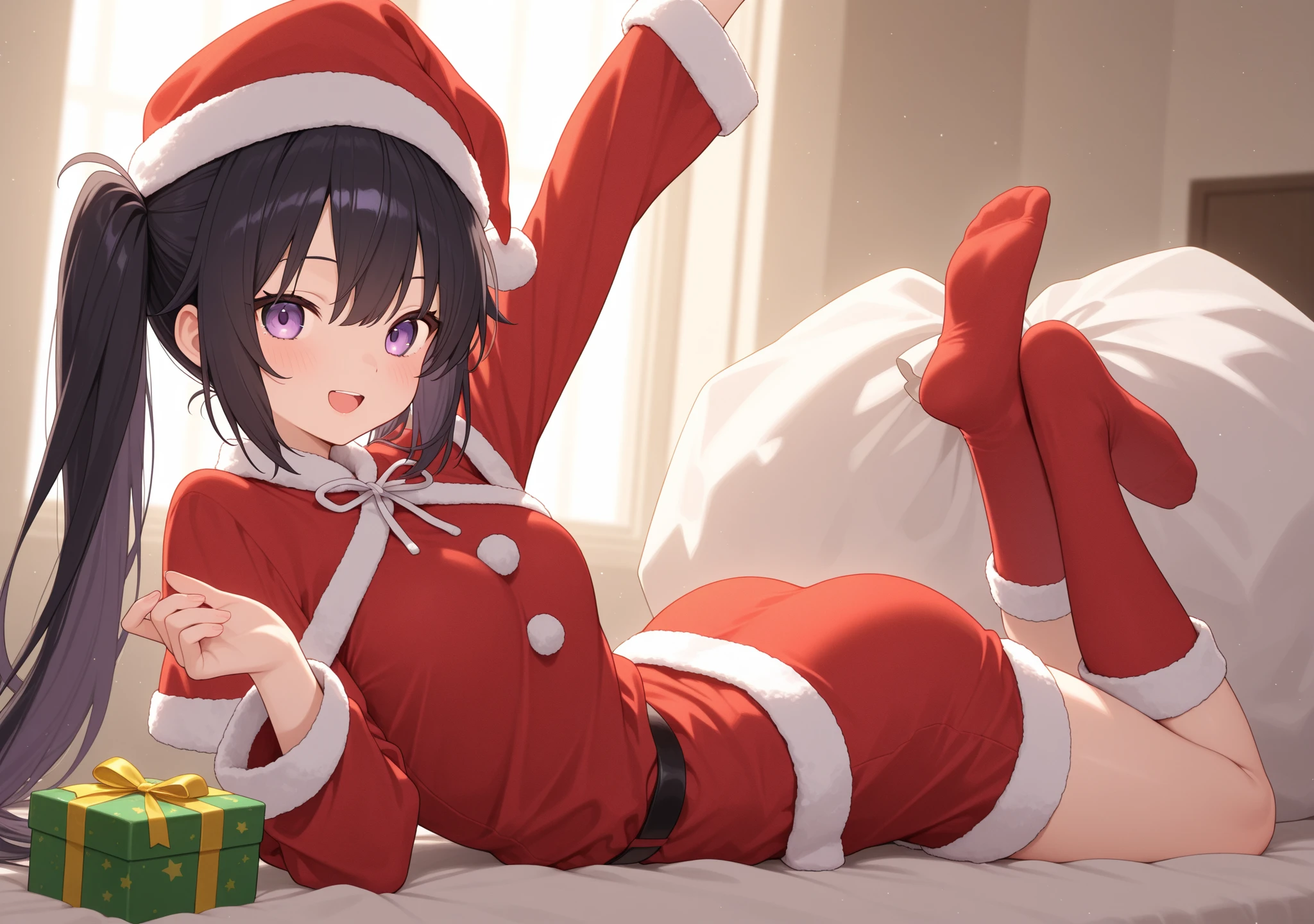 Erica、Pokémon、Black Hair、Short Hair、((pantyhose))、Photo from below、Medium chest、Bedroom、One girl、Red ribbon on head、((Santa Claus clothes))、Pleated skirt