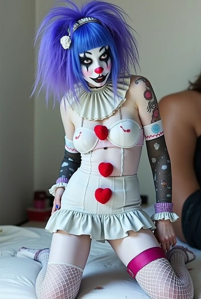 Gruesome and spooky details、An atmosphere full of suspense and tension、Psychological horror、Cute Smile、Clowns and circus atmosphere、A terrifying moment、Psychedelic dream scenario、Alice in Wonderland、Enthusiastic atmosphere、Mischievous Smile、Expressive gestures、Comical movement、Rainbow Hair、Leopard print underwear,sexy,Small bra and panties、