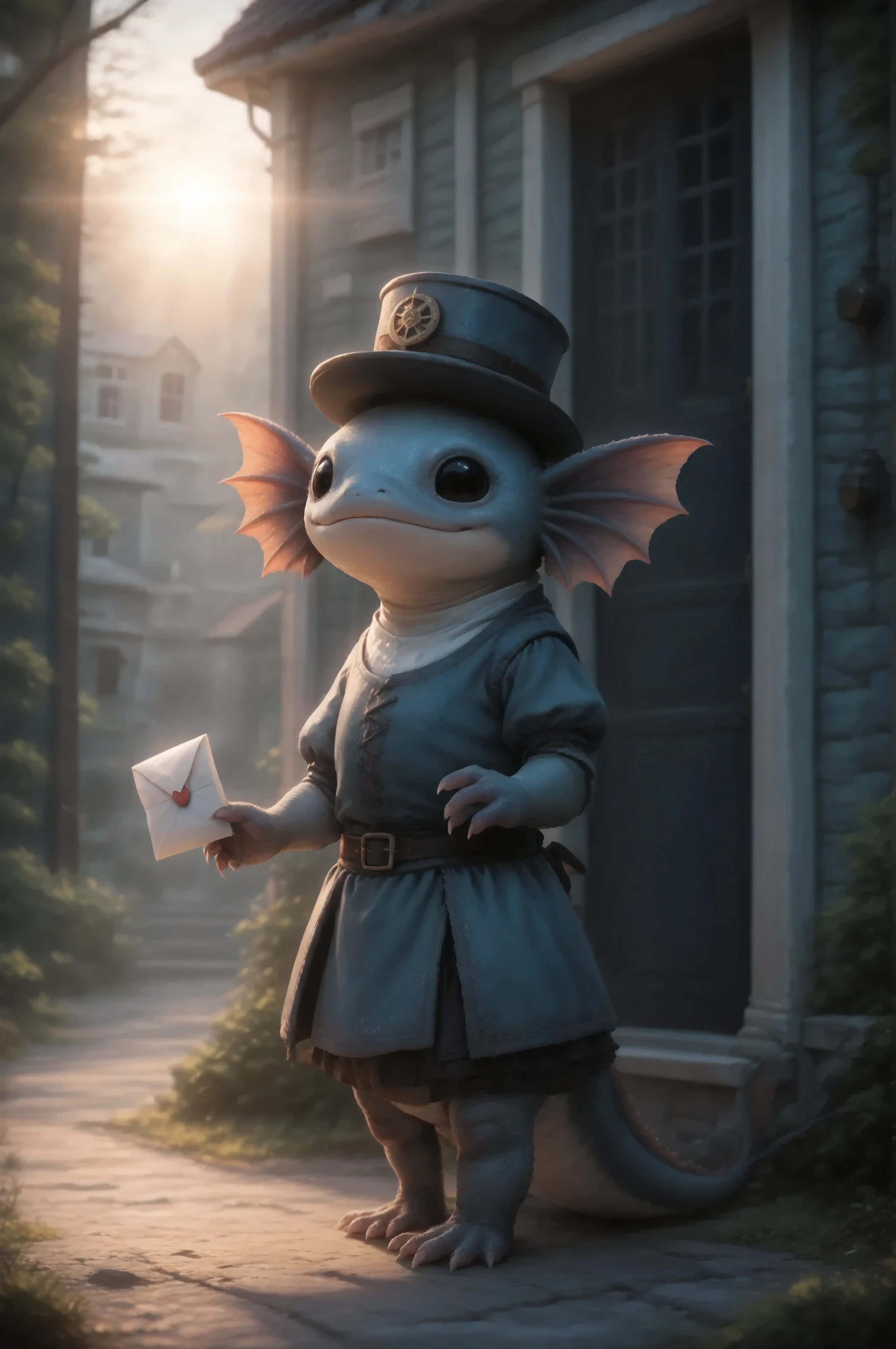 Character_Fuli, , the creature hands out a letter and puts it in a mailbox on a sunny street in a medieval city. The light falls, giving long soft shadows. Long horizontal rays glare from the sun Anamorphic_highlights.
masterpiece, best quality, ultra-detailed, cinematic emotional static frame, 8K UHD, extreme detail, physical-based rendering, HDR.
Unrealistic image, fantasy genre, dramatic lighting. Highly detailed digital art style, (SFW:1.3).