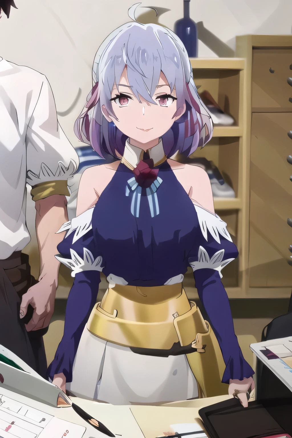 Please draw a smiling woman,With short hair、Let's draw a woman dressed in light blue,nice smile,女子高生でミニスカートにbig breastsの女性を描いてください,can you draw a pleated miniskirt,sneakers,amazing thighs ,beautiful legs,I'Indoor,nice smile,The face is very important,big breastsをさらにさらにbig breastsに描いて下さい,Iの乳首は尖っています、Can you draw when wet,nice smileの20歳の成人女性,big breastsをさらにbig breastsに描いて下さい,big breastsでもウエストが細い,nice smile, ,(let's draw a more delicate expression),(sleeveless wool sweater),( Pleated Legs,white panties with the letters ),(One person is enough for that job {X} Can you draw the perfect balance to curb destruction)、 , big breasts, thin waist , , ,Faces are very important,