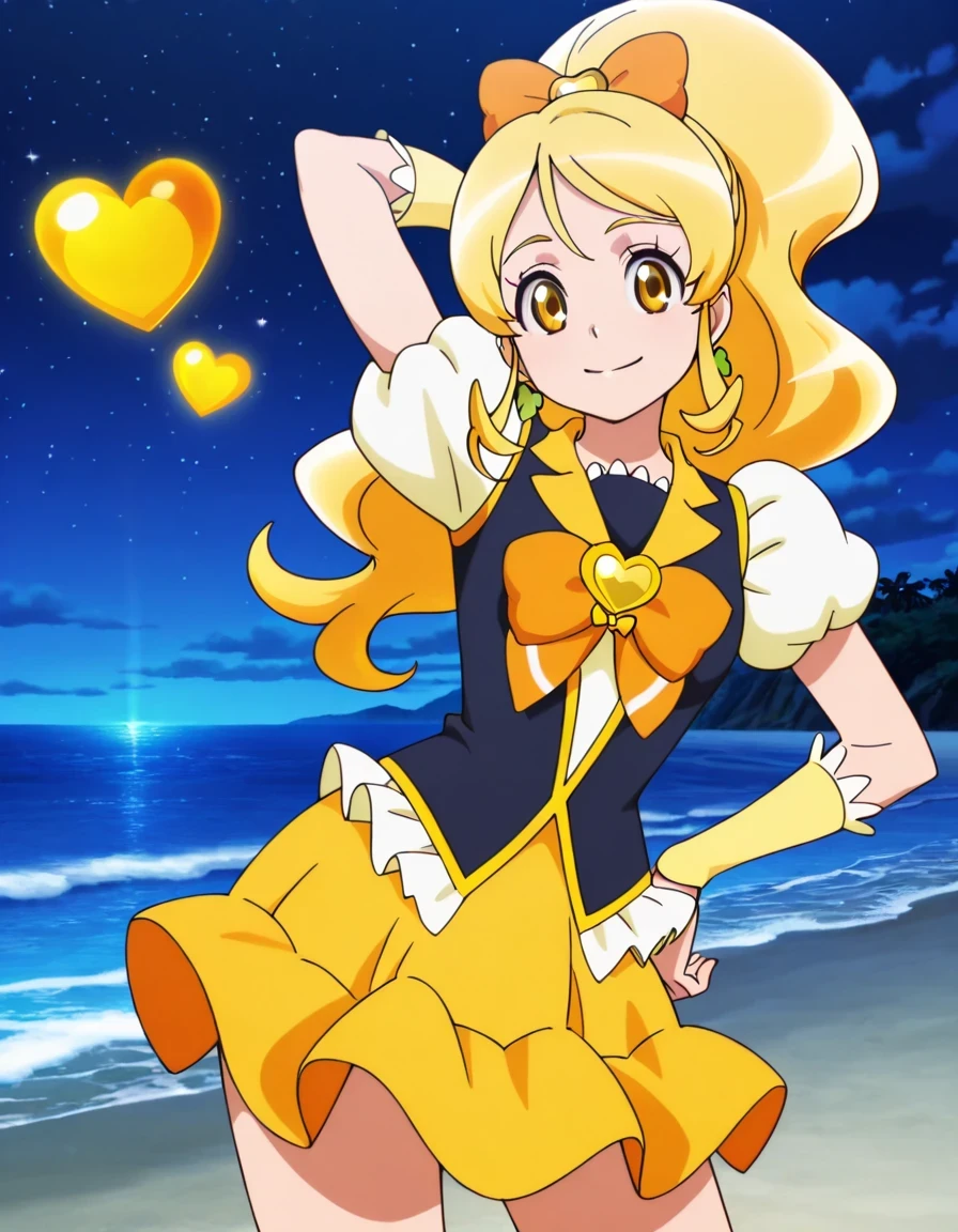 curehoney, gold eyes, thick wavy blonde hair, ponytail reaching , curled forelocks, styled bangs, green clover earrings, white blouse, short puffed sleeves, dark navy vest with gold details, white ruffled trim, orange and white ribbon with gold heart brooch, goldenrod skirt with ruffled trim, pale yellow sleeves with white frills, anime screencap, high quality, solo, cowboy shot, ((contrapposto)), (arm behind head, hand on hip), closed mouth, night sky, beach, looking at viewer, smile, best quality