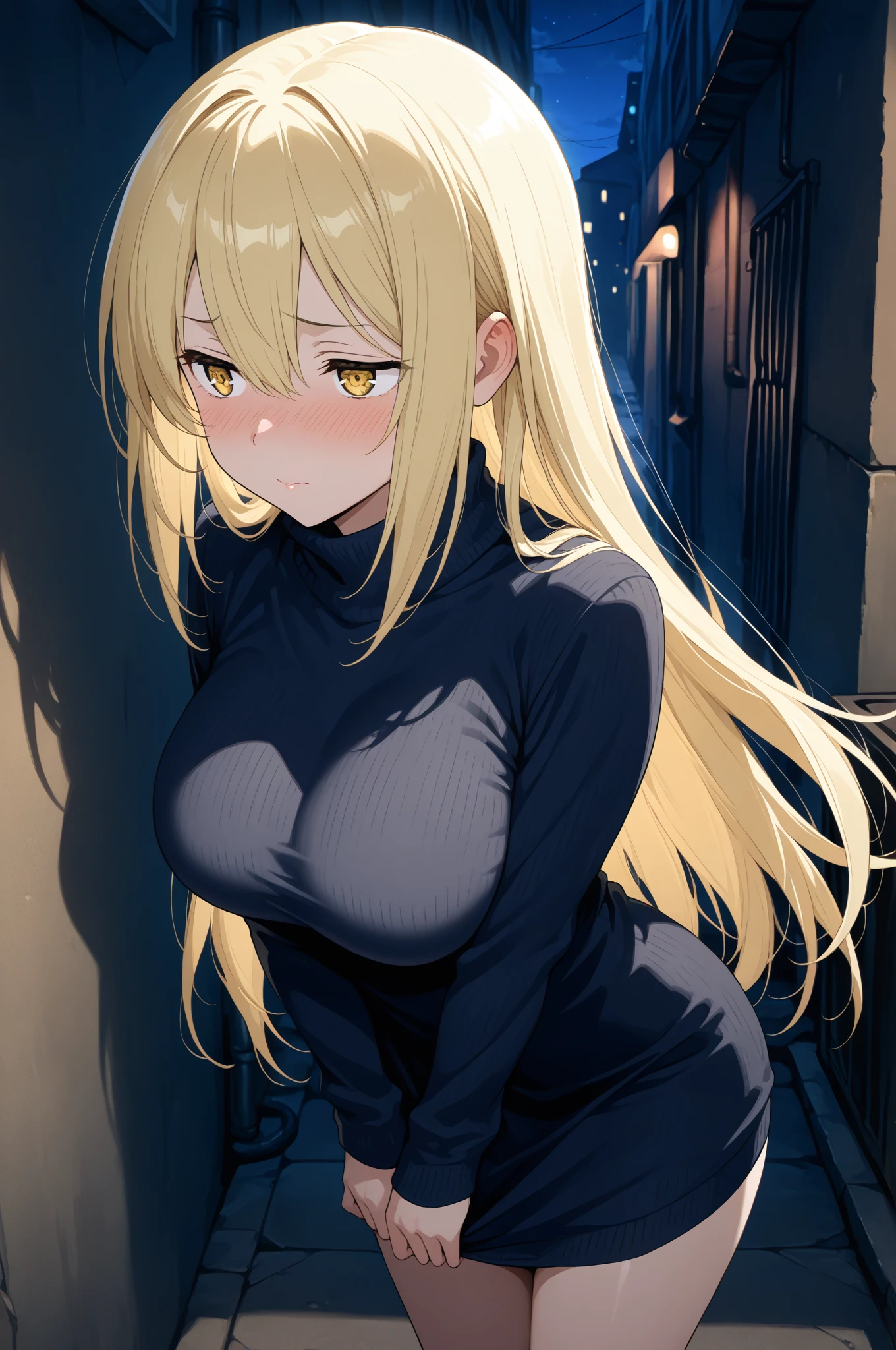 One Girl、Blonde Hair、long hair、Hair between the eyes、Big Breasts、Huge breasts、Blue Eyes、(Green turtleneck rip-off sweater)、Clothes with body lines、Erect nipples、bulging large areola、White Cape、Upper Body、night、Standing in the backstreets of Türkiye、Back Against a Wall、Place your hand on your chest、Place your hands on your crotch、Making a peace sign、Watching the audience、Embarrassed、Red face、Smiling、Prostitute、Streetwalker、Angle from the side obliquely、