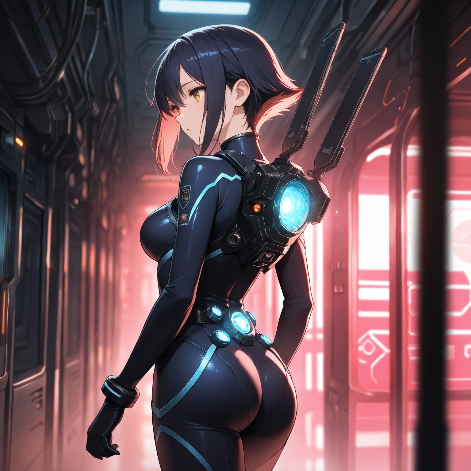 1girl, blue hair, large breasts, bunny ears, rabbit ears, wide hips, bodysuit, black bodysuit, short hair, very short hair, science-fiction, tech, futuristic, machinery, full body, neon trim, happy, light smile, from behind, ass, shoes