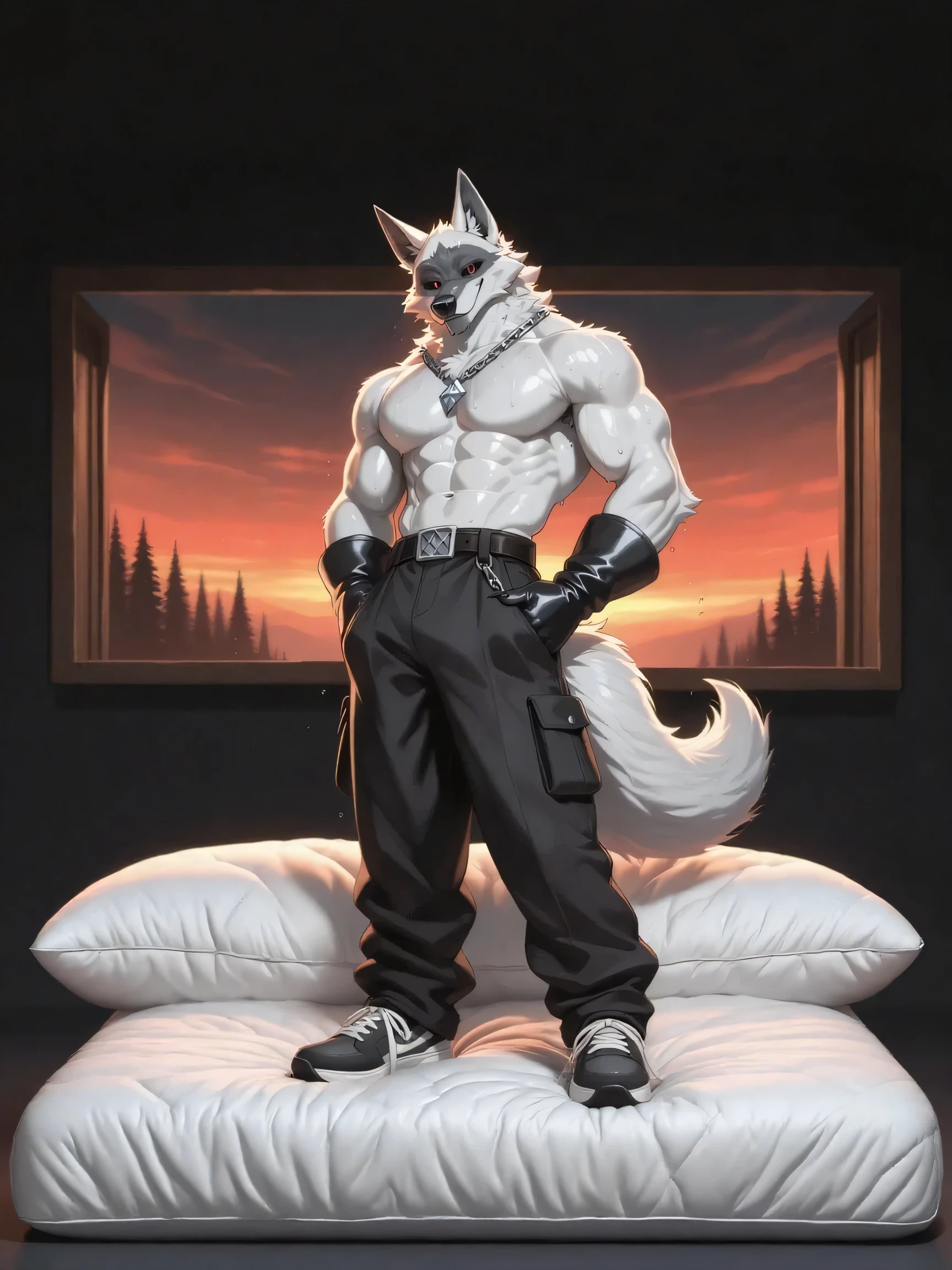 a giant gigantically muscular white and white white anthro sergal sitting on a sofa. looking down at the viewer, wearing tank top and grey sweatpants, cigarette in hand, gigantic hyper giant penis and balls bulge hanging heavy, shiny velvet white fur, huge round pecs, , massive arms, big thick thighs, broad shoulders. belly , legs wide, small head, huge black glossy nipples pierced, big long tail, looming over huge over viewer, view from below, wide angle lens, liviing room setting, by darkgem