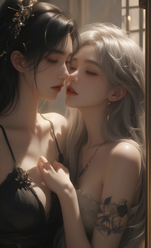 Soft lighting、Dramatic Shadows、A calming color palette、

Couple: Blond man (expensive, Statue-like, good looking, A brave young man with blue eyes, Curly blonde, Wearing an antique grey military uniform) He embraces the dark-haired woman (Sensual woman、Beautiful and detailed、Beautiful and delicate lips、Highly detailed face、Long eyelashes、Elegant appearance、Gothic Dress、A beautiful young femme fatale, she has blackberry eyes, Black panties、Sensual pose、Bold Pose、The skin is damp、sweating、Expressions of Ecstasy、Heavily wet、With water droplets). They are in love with each other. Sketch of、Beautiful Face, Beautiful Face立ち, Perfect image, , Full body image, Detailed Images, Highly detailed illustration, Carefully drawn.Watercolor