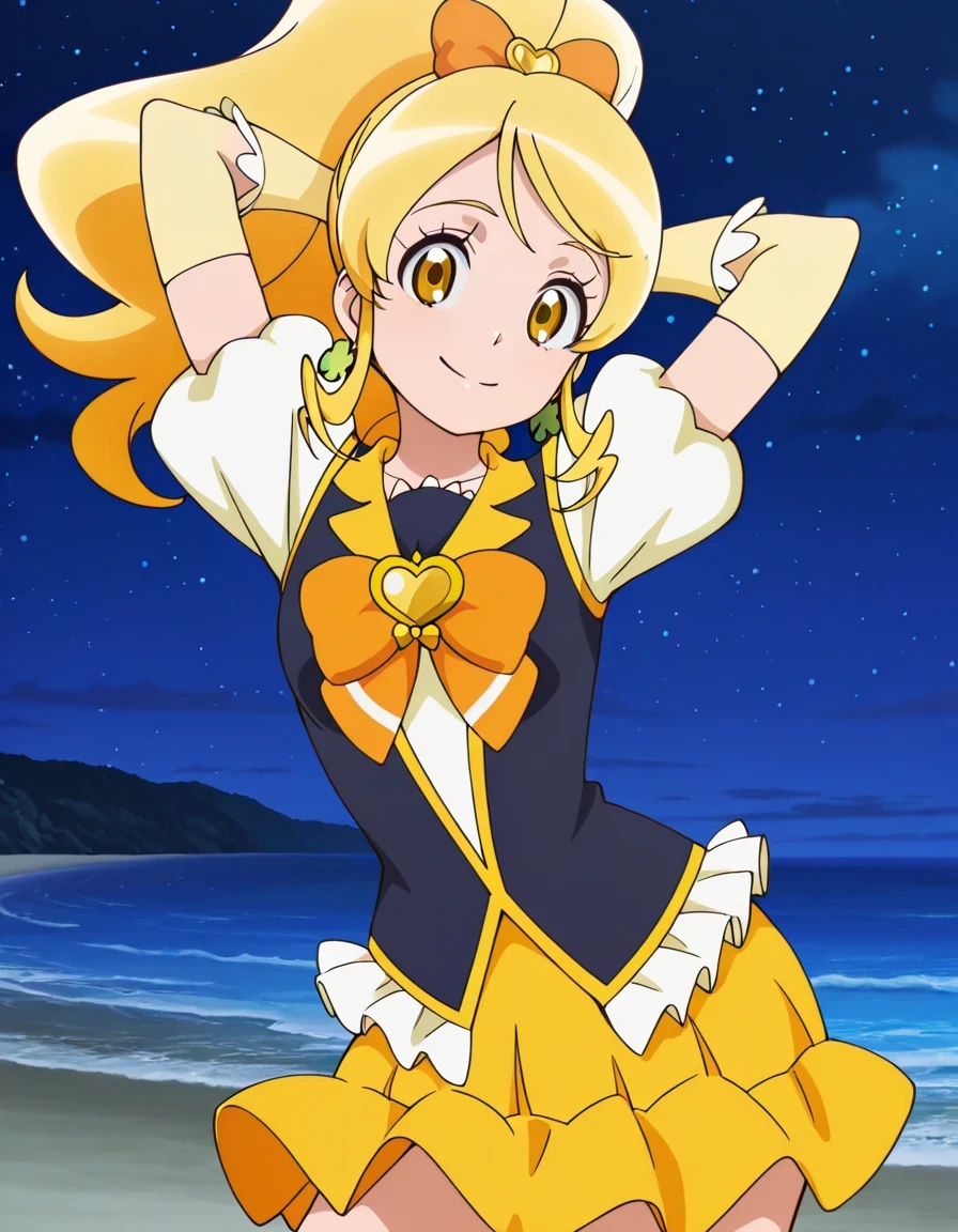 curehoney, gold eyes, thick wavy blonde hair, ponytail reaching , curled forelocks, styled bangs, green clover earrings, white blouse, short puffed sleeves, dark navy vest with gold details, white ruffled trim, orange and white ribbon with gold heart brooch, goldenrod skirt with ruffled trim, pale yellow sleeves with white frills, anime screencap, high quality, solo, cowboy shot, ((contrapposto)), (arms behind head), closed mouth, night sky, beach, looking at viewer, smile, best quality