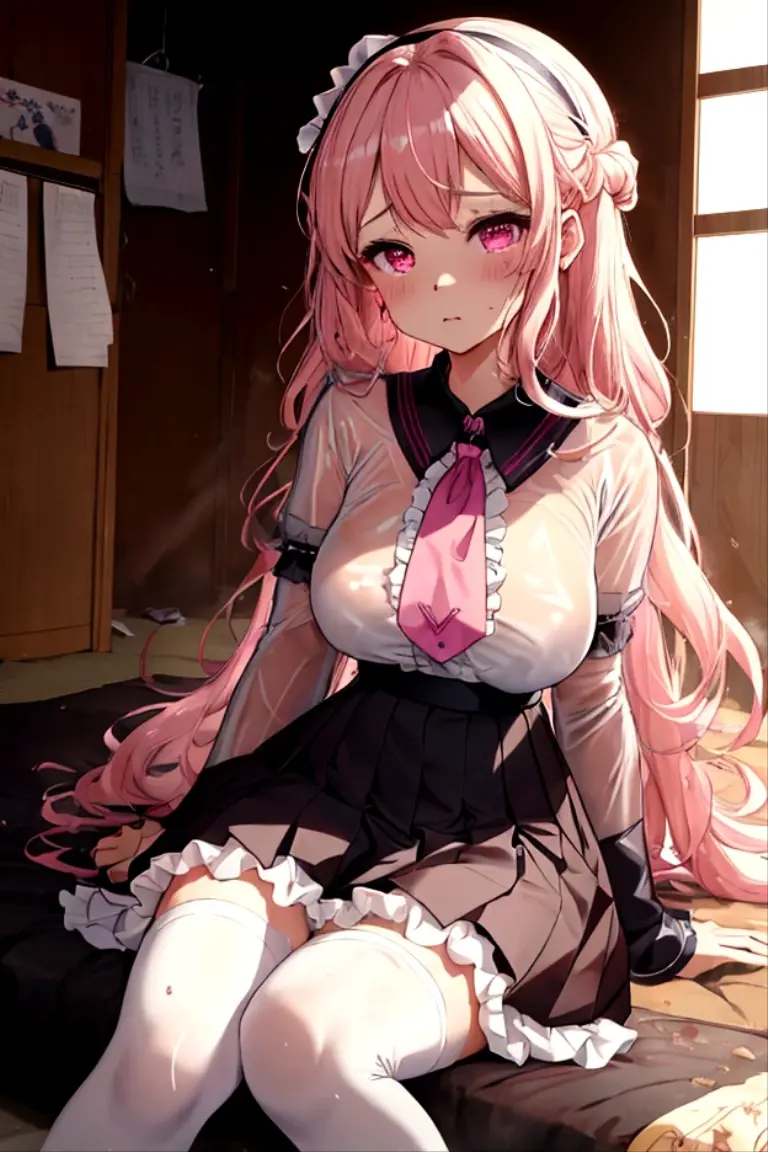 1girl, pink hair, twintails, cheerful, pink eyes, wearing pink skirt, no underwear, breasts showing