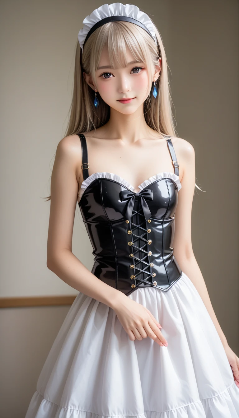 One Girl, alone, Show Viewer, Blonde long hair, Wearing a corset, Big Ass, Brown eyes, Upper Body, Gray background, Normal chest, lips, Realistic, Königsreuter