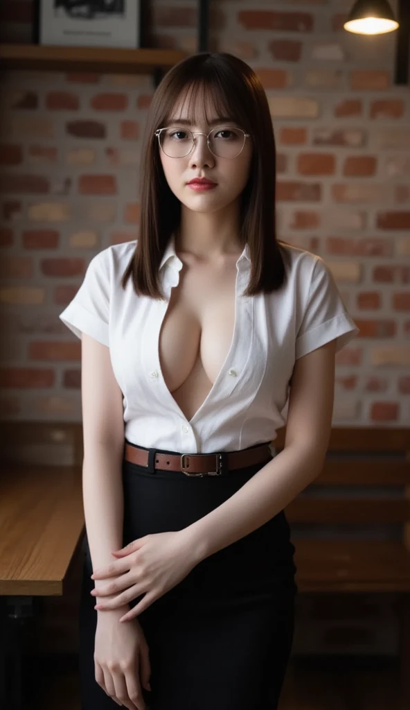 A photo of a young, nerdy woman sitting in a hotel lobby, wearing a random shirt and a bow, surrounded by a cozy atmosphere, looking at the viewer.
short hair, slender, red lips, transparent fabric, flirting with the camera, closeups cleavage, adult photo