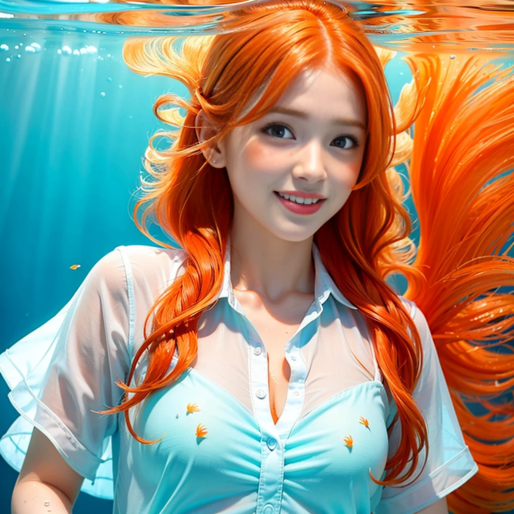 girl underwater, very long flowing red hair, Angel Wings, Orange and white lilies