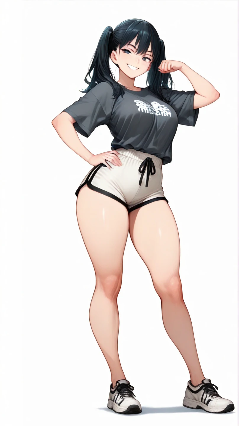 jogger shorts, Full body image of the daughter from Haha Musume Donburi Oppai Tokumori Bonyuu Shiru Dakude, full body in image, wearing her original outfit (school uniform or casual clothing), long black hair, female body, slender and youthful body, dynamic pose, detailed pose, simple background, expressive face showing a happy smile, focus on face, line art, sketch full body in image, full naked woman, naked body, (feet on image), bike shorts, simple hair, female naked body, curvy body, large hips, beautiful woman, thicc body, big thighs, voluptuous body, full thick body, dinamic pose, curve body. detalied pose, body, simple background, expressive face, focus on face, line art, sketch