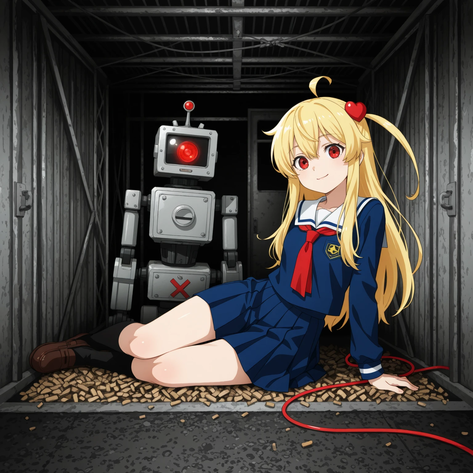 masterpiece:1.2, best quality, absurdres, 1girl <lora:alisa-nv-v1:1.0>, Alisa Reinford, red jacket, white shirt, green skirt, thigh boot, ((red eyes), HidingFromTerminator, sitting, under table, crying, skeleton <lora:GirlHidingFromTerminator:0.8>