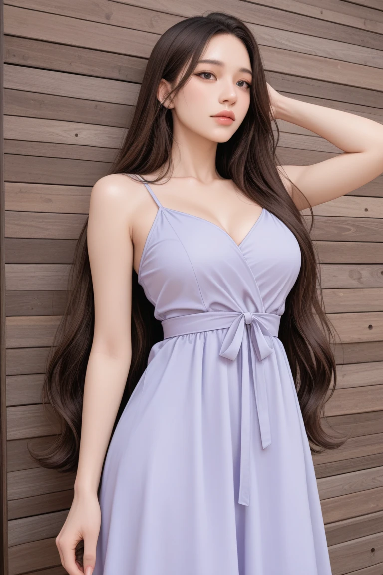 (Medium Breasted、Small head)、Signs of the morning、(perfect body:1 .2)、(Medium Long）、（wavy hair:1.2）、fullbody shot、(One Piece Dresses:1 .2）、((Floral long dress))、(extremely detailed CG 8k wallpaper)、(Extremely Delicate and Beautiful)、(A masterpie)、(bestquality:1 .2)、Beautiful lighting、Realistic shadows、More on fair skin、Super Detailed、(Beautiful legs)、slim body、ear ring、(beautiful long hair)、Thin collarbone、Soft midriff、Soft back、Beautiful Breasts、Blushing、photorealistic、realstic face、Realistic Eyes、small eyes、(eye liner)、(mascara)、 ((hand on thigh))
