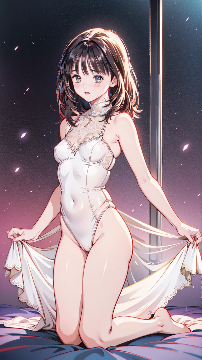 masterpiece, best quality, high-resolution, finely detailed, extremely detailed and beautiful, distinct image, 1 girl, solo, beautiful young teenage girl, 13 years old, tanned white skin, long loose and flowing silky negligee sleepwear, short shoulder length hair, sleek dark violet-black hair, Pixie cut hair, big round velvet colored eyes, fringe bangs over forehead, oval shaped face, sharp facial features, high-bridged nose, full cherry pink lips. medium height(172cm). D-cup breasts, small narrow waist. small delicate curvy hips, smooth silky thick thighs, large round ass, hourglass figure, slender and slim build with a toned and fit physique, 4 pack toned stomach, standing upright, full body picture, hip-level shot. classy and opulent bedroom setting