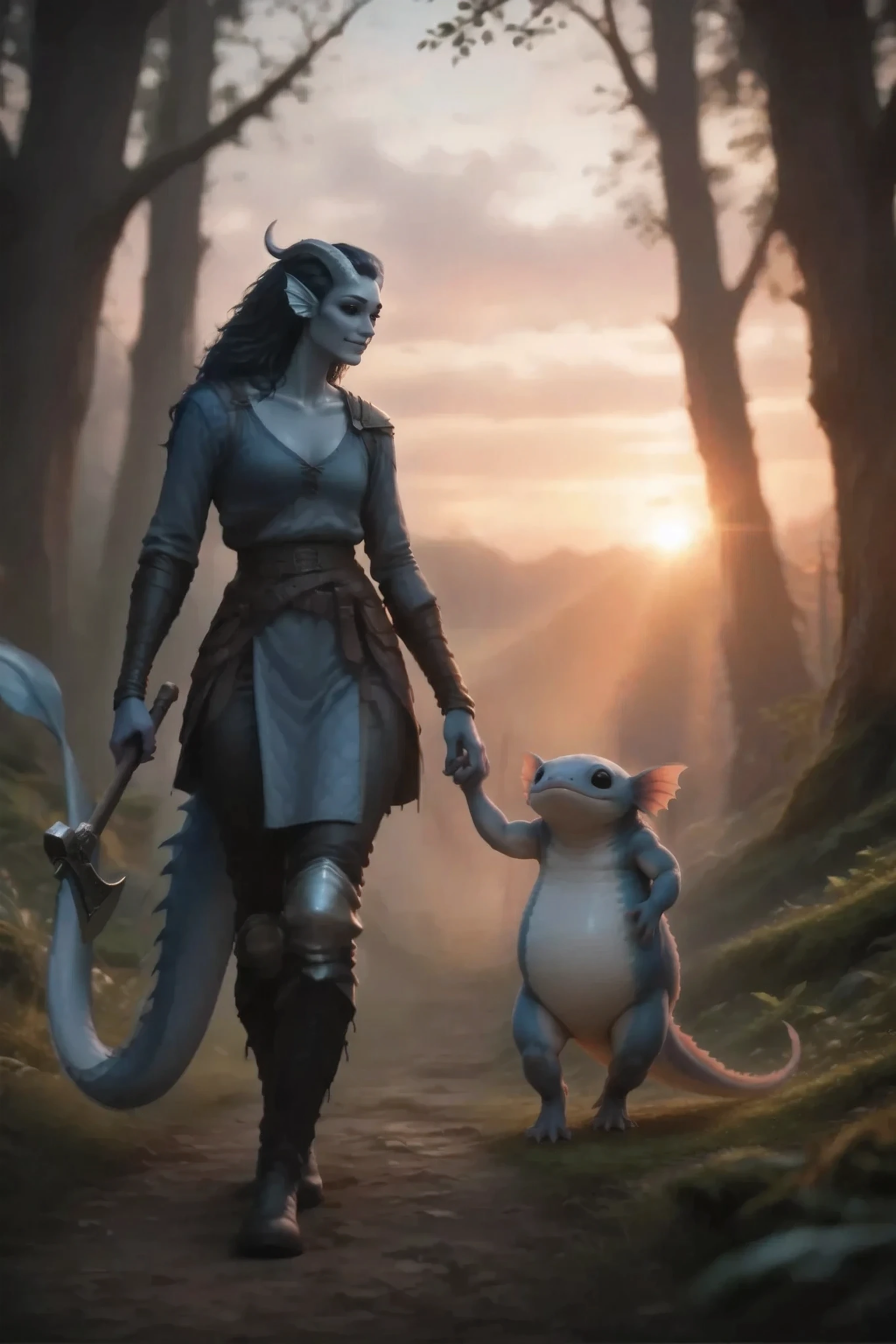 Kedra dark blue-grey leather, tail from behind, Warm sunset lighting. axe in hand. Character_Fuli. front view.
The light falls, giving long soft shadows. A path in the forest.
masterpiece, best quality, ultra-detailed, cinematic emotional static frame, 8K UHD, extreme detail, physical-based rendering, HDR.
Unrealistic image, fantasy genre, dramatic lighting. Highly detailed digital art style, (SFW:1.3).